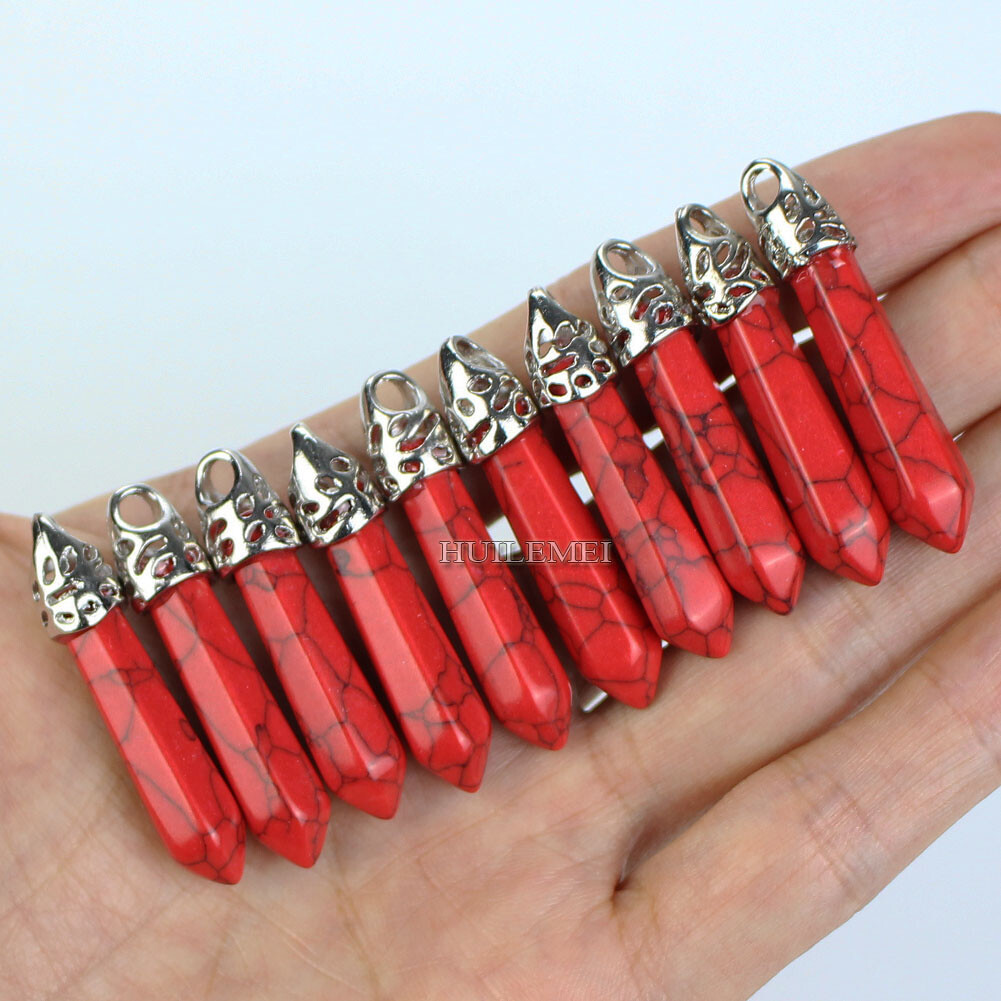 10pcs Red Turquoise Stone Hexagonal Pointed Pendant Bead Reiki Chakra Healing