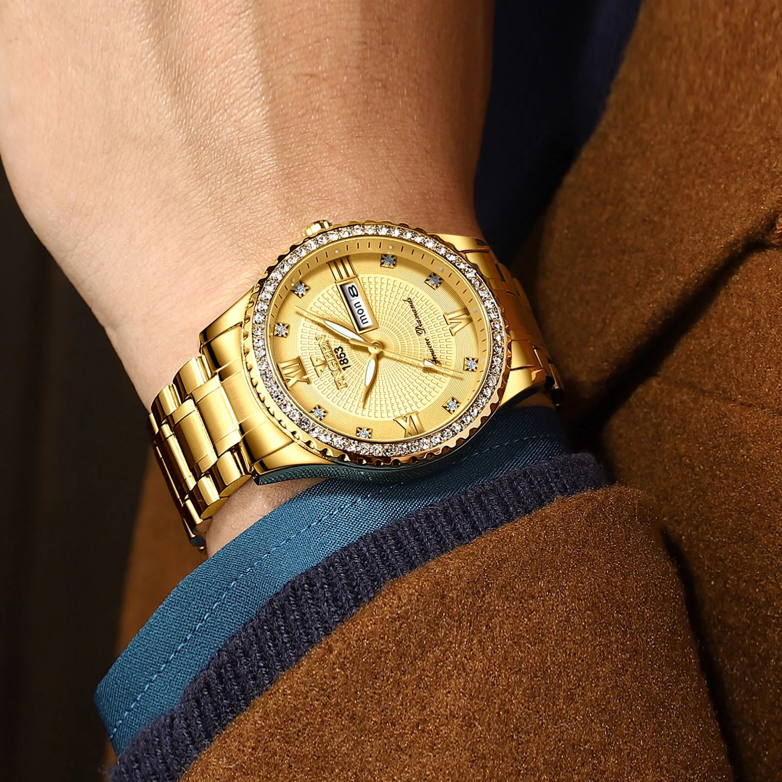 Classic Diamond Gold Watches for Men, Stainless Steel Waterproof Dress Watch, Me