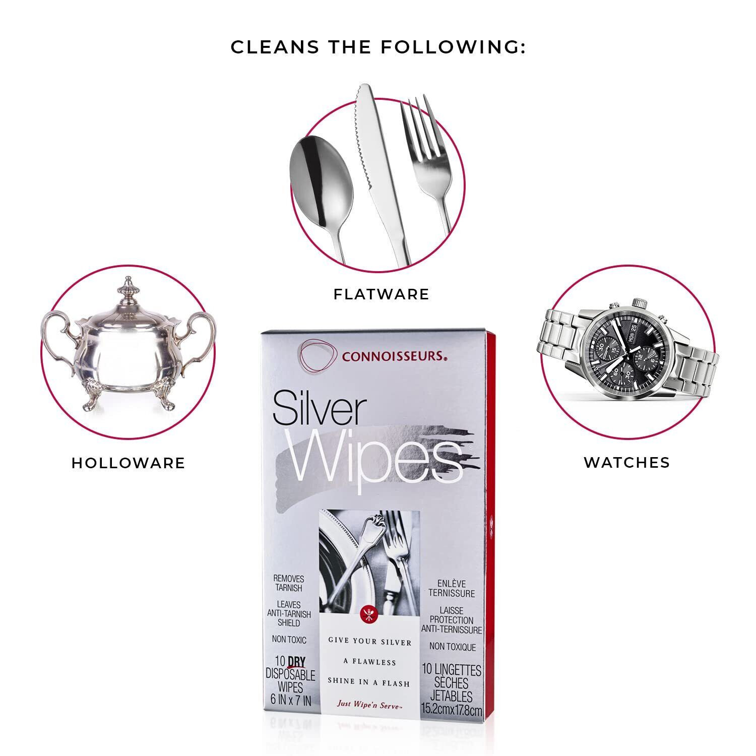 Connoisseurs Silver Wipes Disposable Sterling Silver Cleaner & Polisher, 10 Wipe
