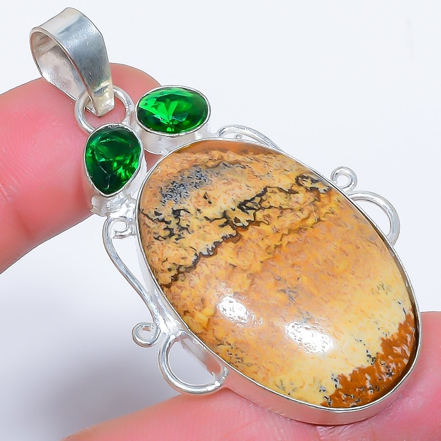 Natural Picture Jasper & Tsavorite 925 Silver Plated Jewelry Pendant 2.4″ W311