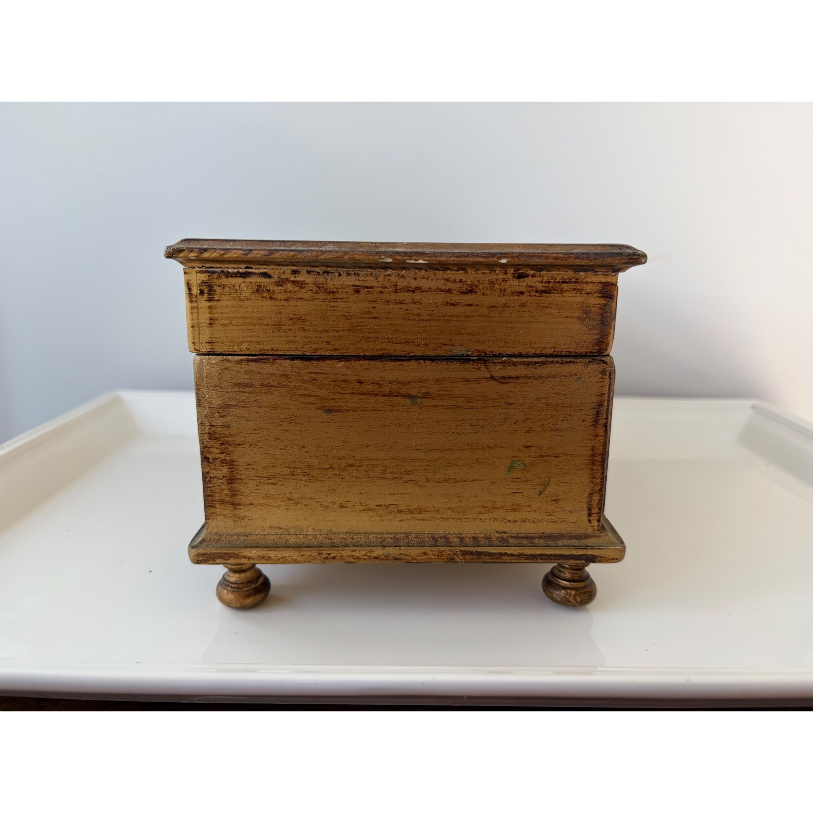 Vintage Florentine Wooden Jewelry Box Gold Gilt Red Velvet Mirror Distressed