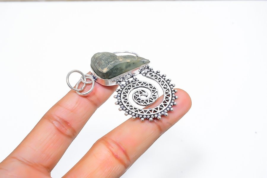 Prehnite Gemstone Handmade 925 Sterling Silver Jewelry Pendant 2.21″ a764