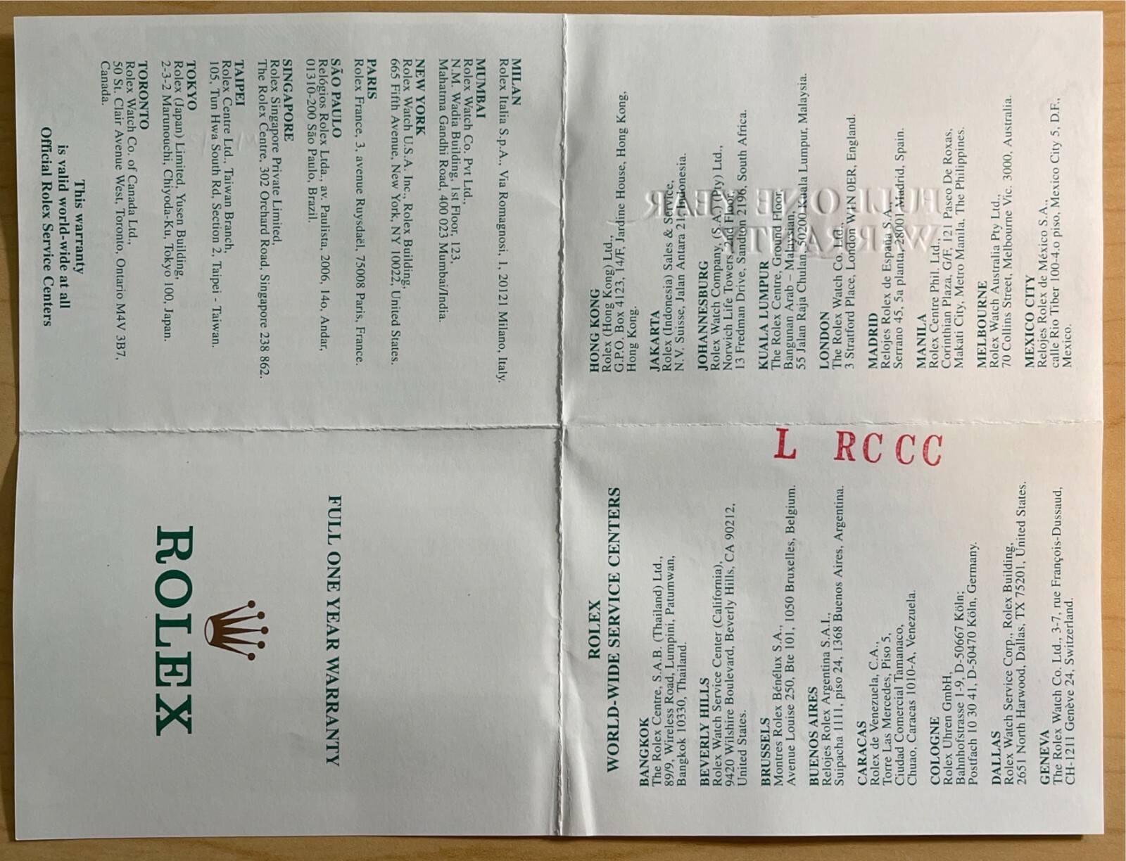 Rolex Watch Full One-Year OPEN Warranty