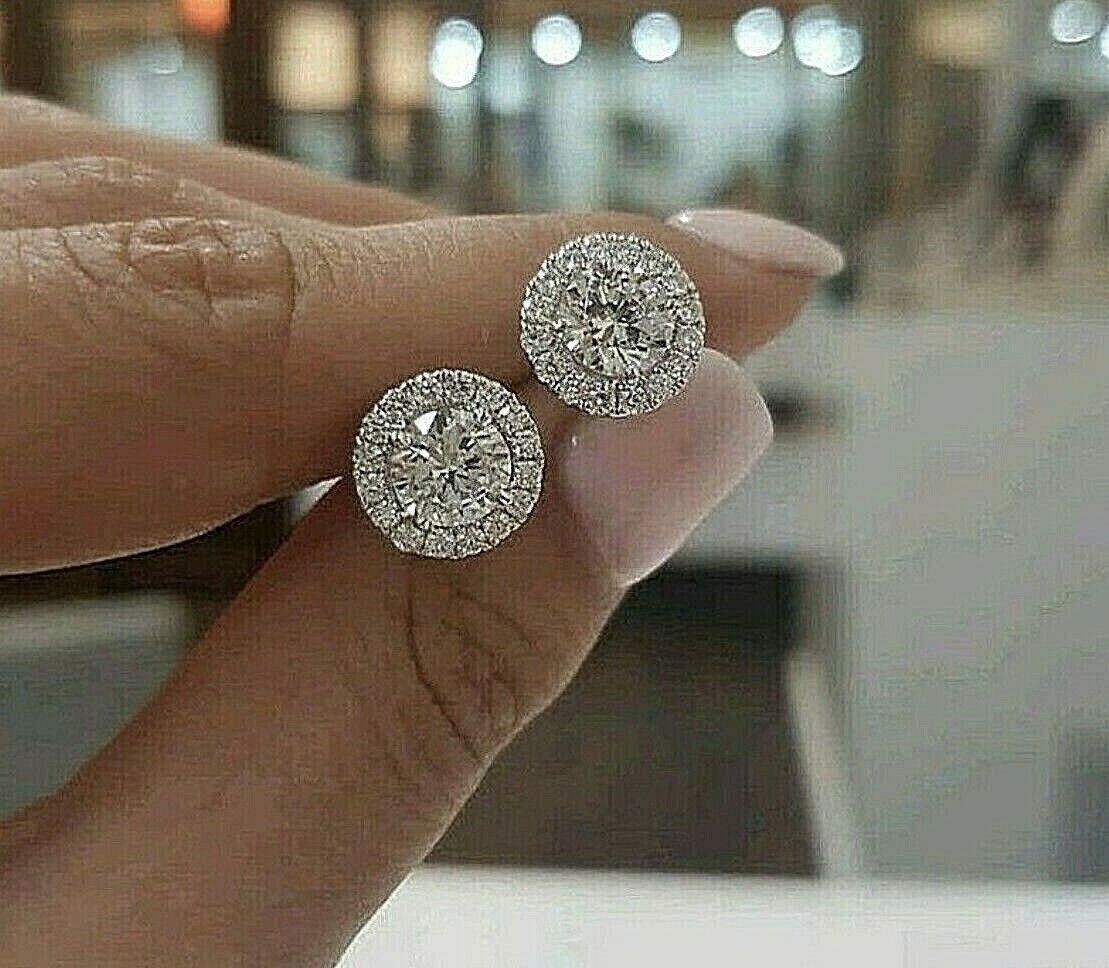 4 Ct Halo Round Cut Simulated Diamond Stud Earrings 14K White Gold Finish