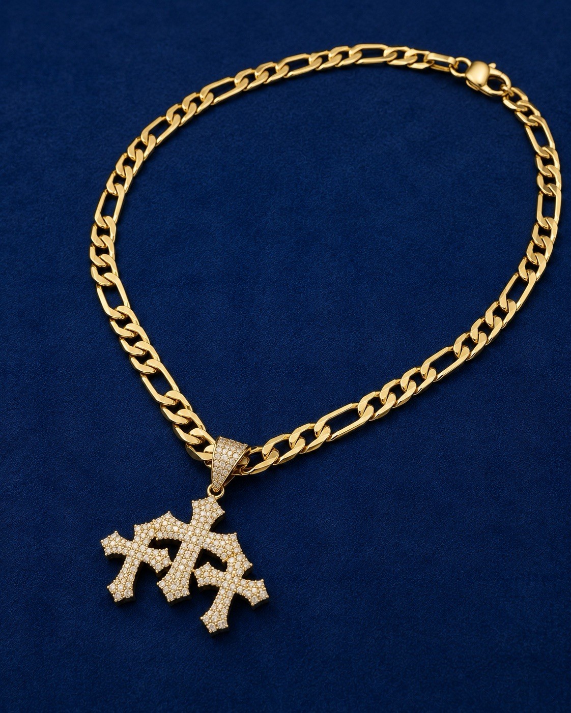 Gold plated top quality none tarnished Curb Chain Triple Cross CZ Pendant