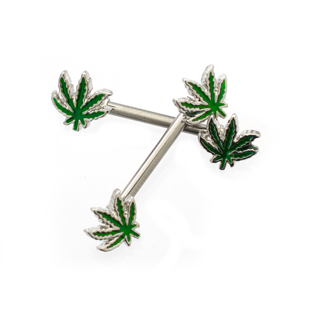 Nipple Barbells with Forward Facing Pot Leaf Design 14ga Sold as a Pair Surgical