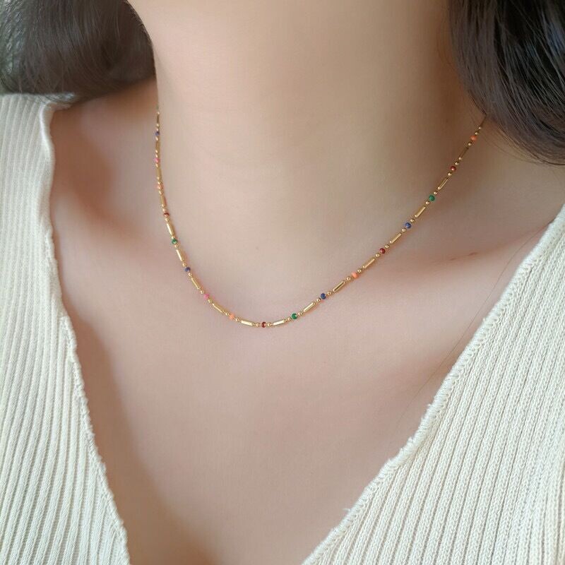 Woman 18K Gold Plated Stainless Steel Enamel Multicolor Bead Oval Necklace Chain