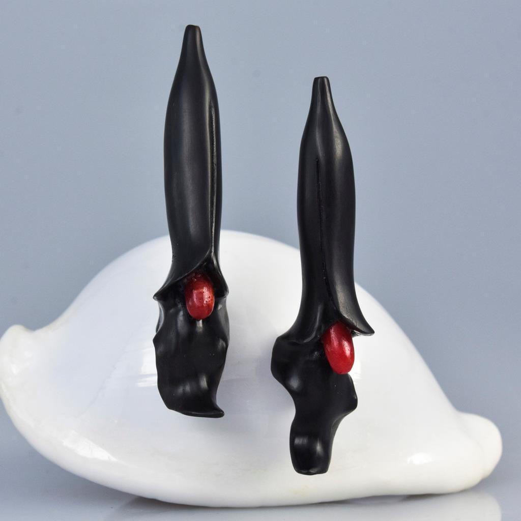 Trumpet Flower Earring Pair Carved Black Horn & Red Sponge Coral drilled 6.80g