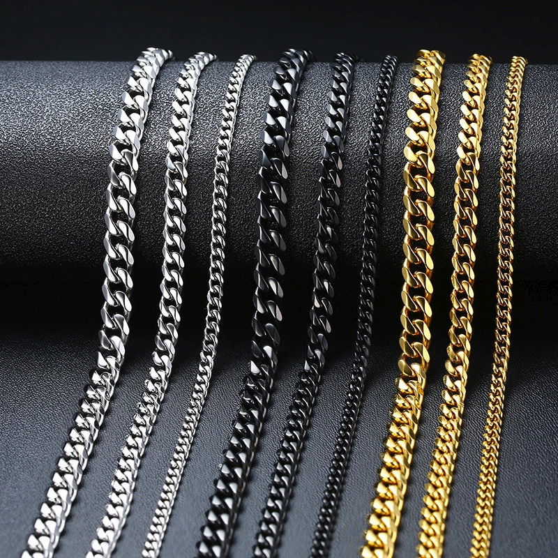 3-11MM Classic Cuban Chain Necklace for Men Women,Silver Black Gold Grey Color S