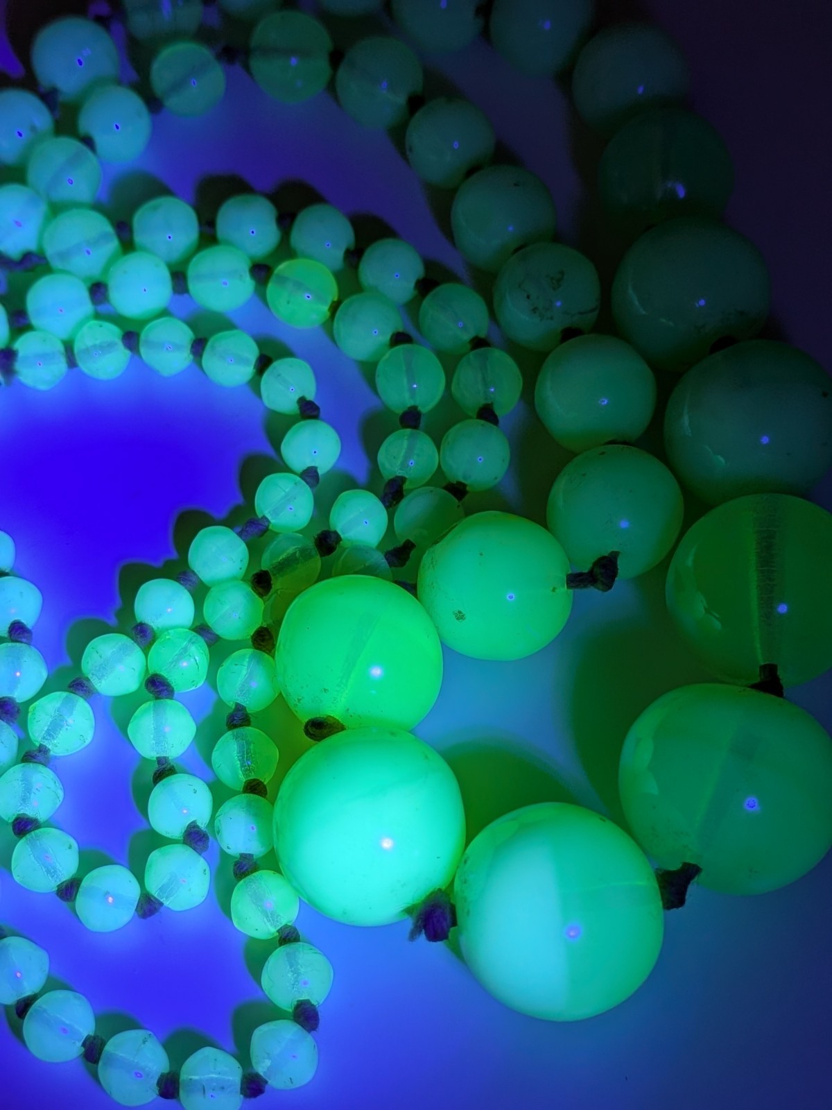 Antique Uranium Glass Long Bead Necklace-Bohemian Czech Glass-Glows by UV Light