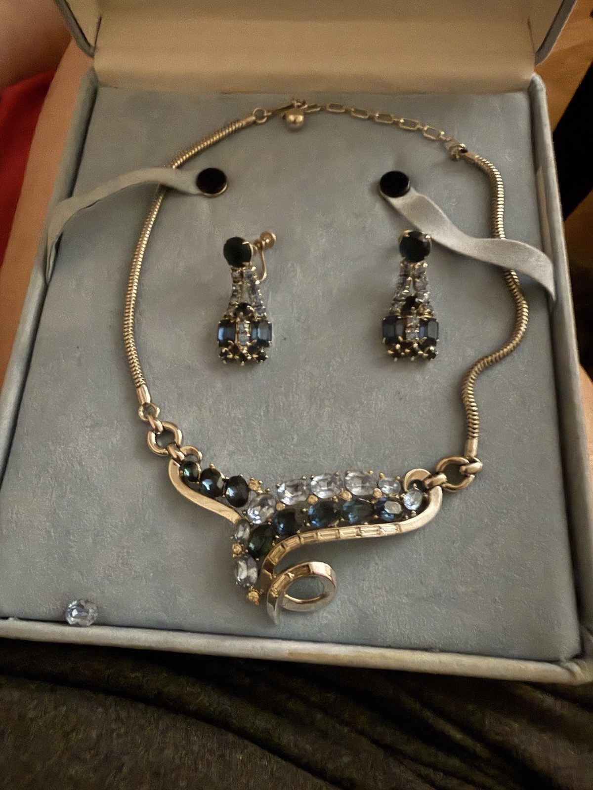Golden Chain With Blue And Clear Crystals Connected To Chain. Earrings Screw On