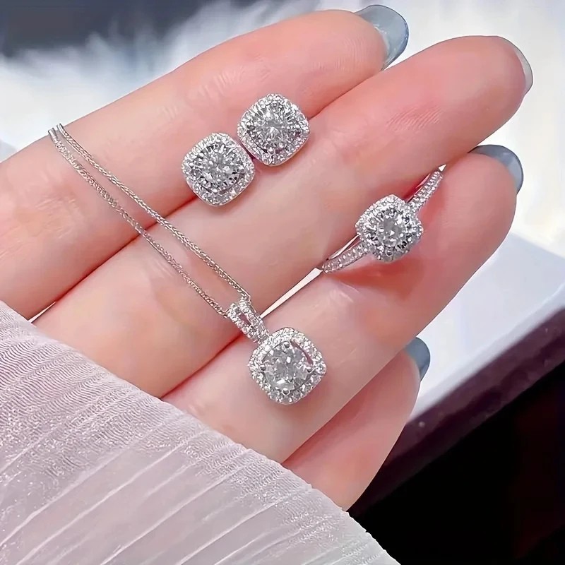 3PCS CZ Stone Jewelry Set Necklace Earrings Ring Silver Tone Women Gift