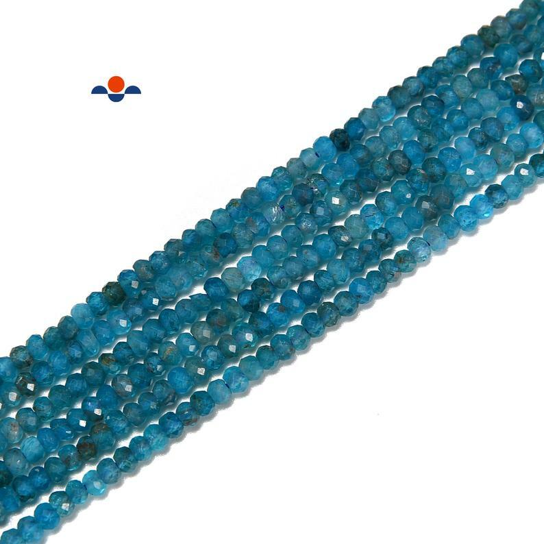 Natural Blue Apatite Faceted Rondelle Beads 2x3mm 3x4mm 3x5mm 15.5″ Strand