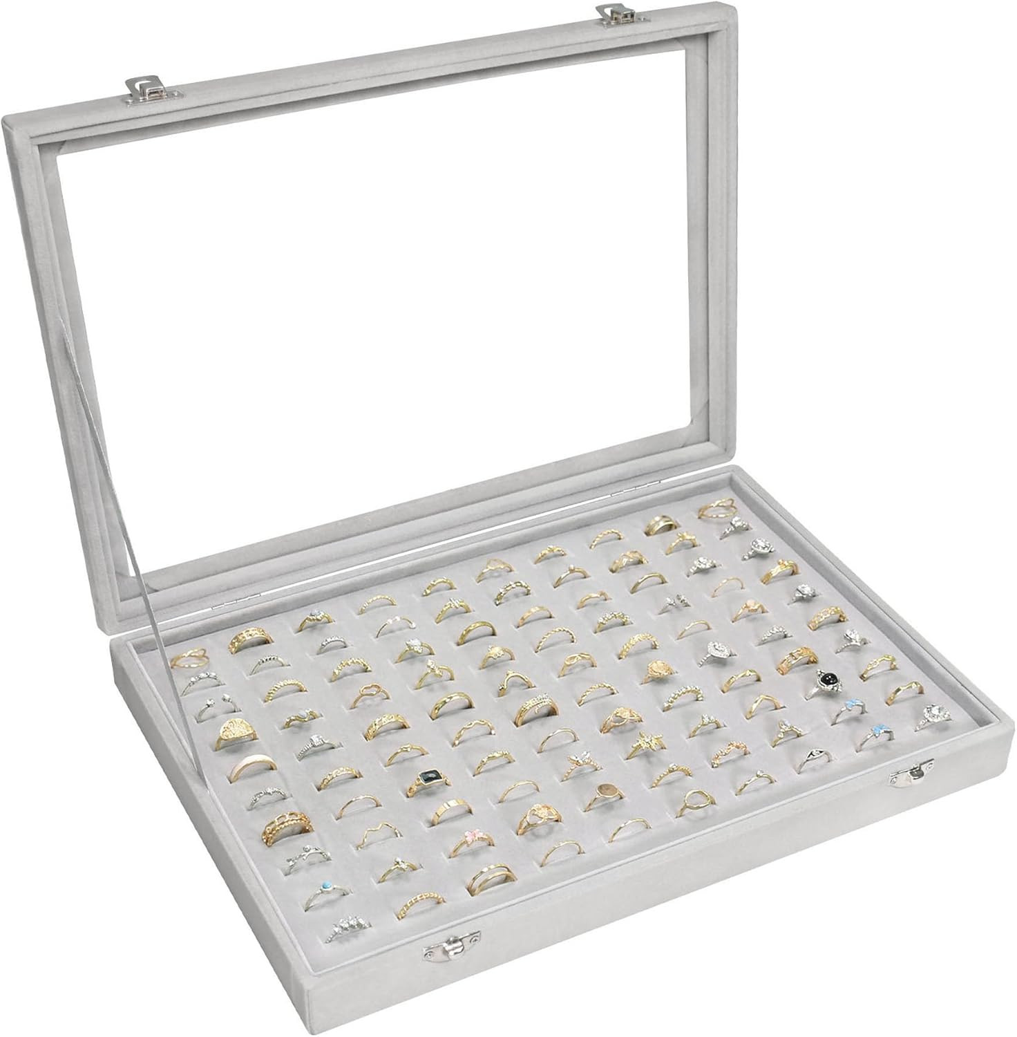 Velvet Ring Display Tray 100 Slot Jewelry Organizer Box Earring Holder Clear Lid