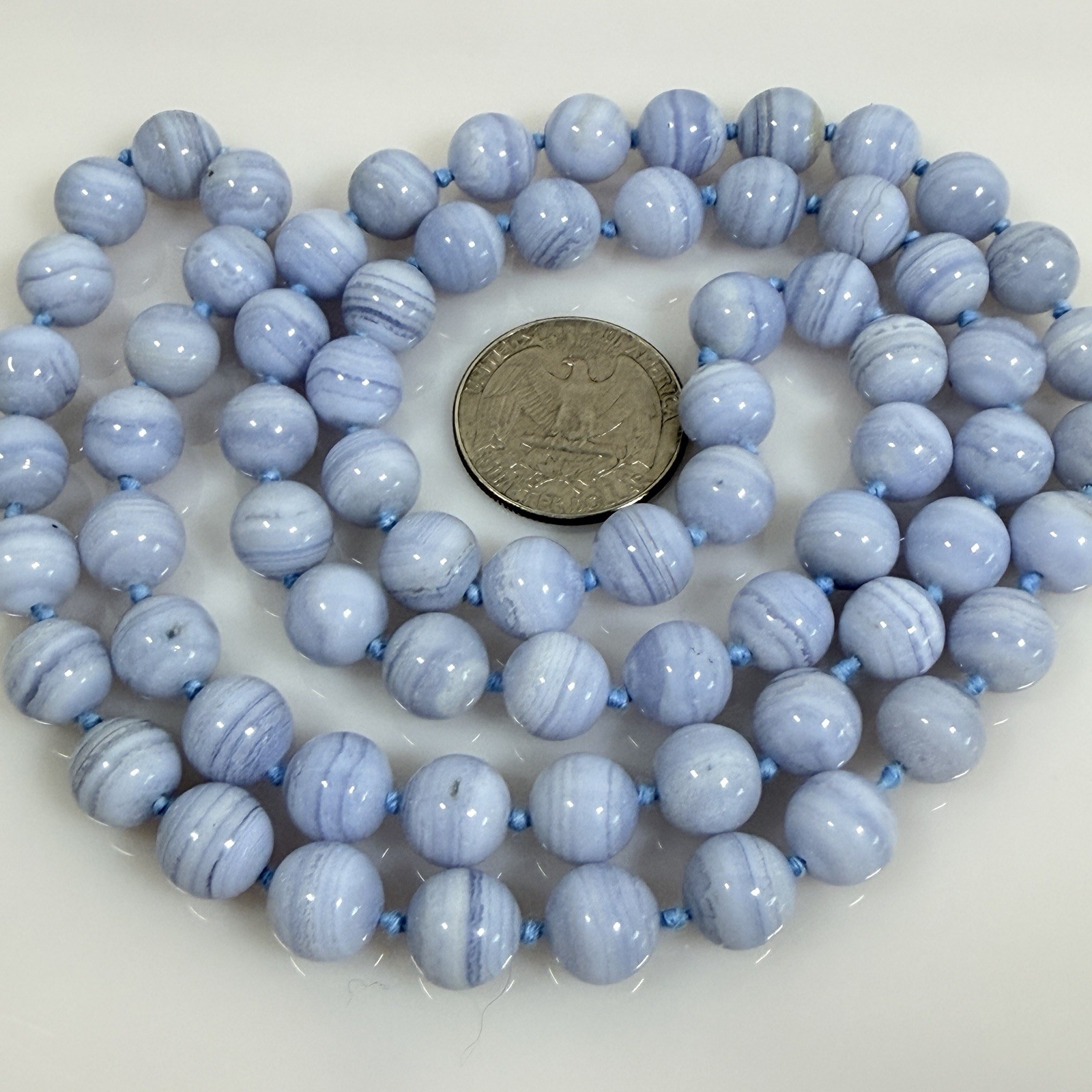 Vintage Blue Lace Agate Beaded Necklace 31″ Endless Strand Hand Knotted 9.7 mm