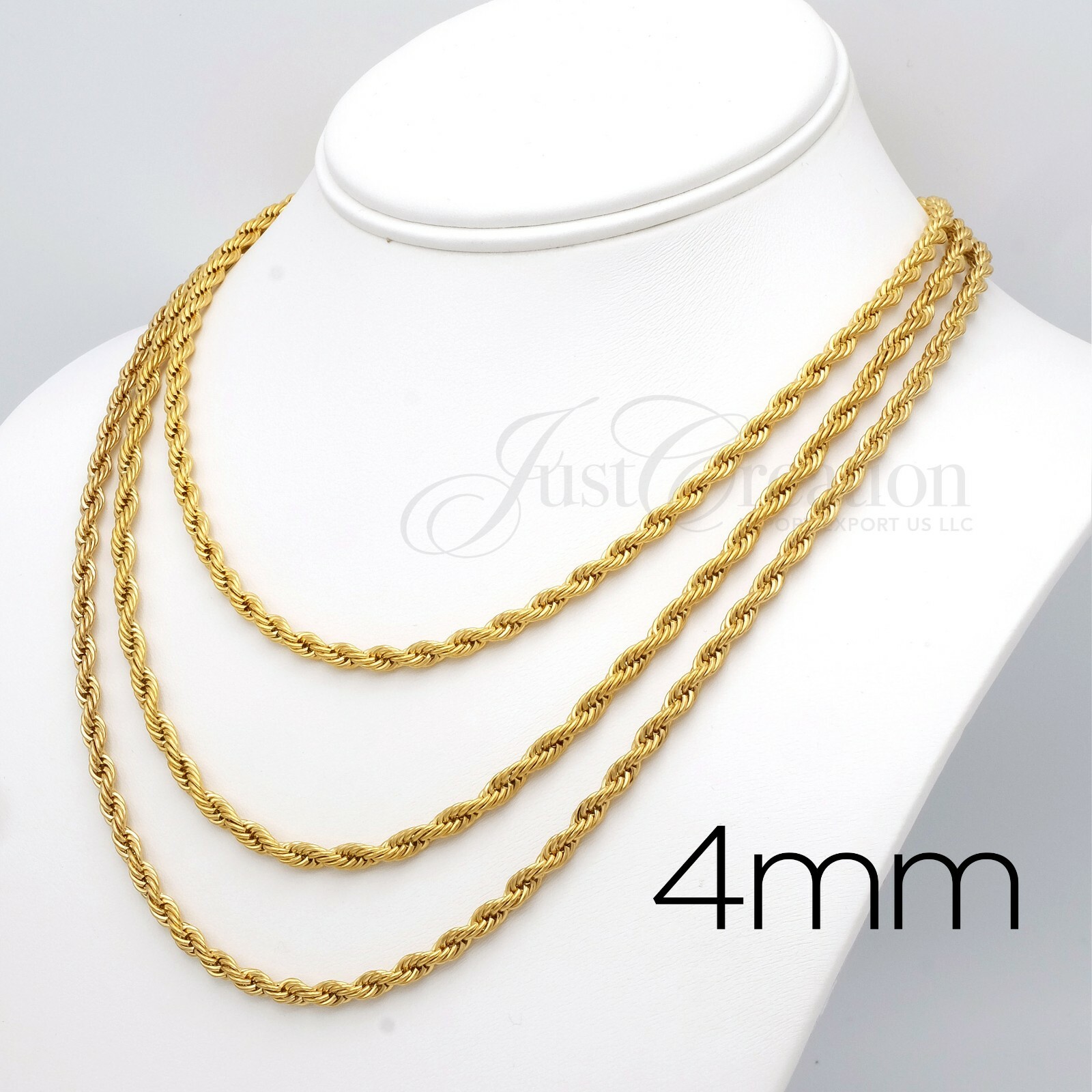 Gold Plated 18K, Stainless Steel 316L 2mm 3mm 4mm Rope Chain Necklace 14in-30in
