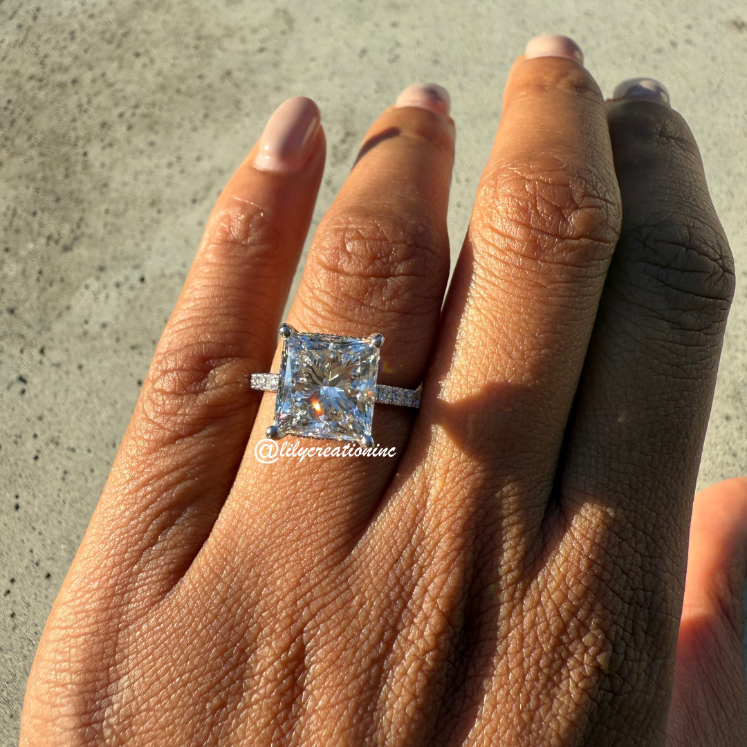 7Ct Princess IGI Certified Lab Grown Diamond Engagement Ring Pave Side Stones