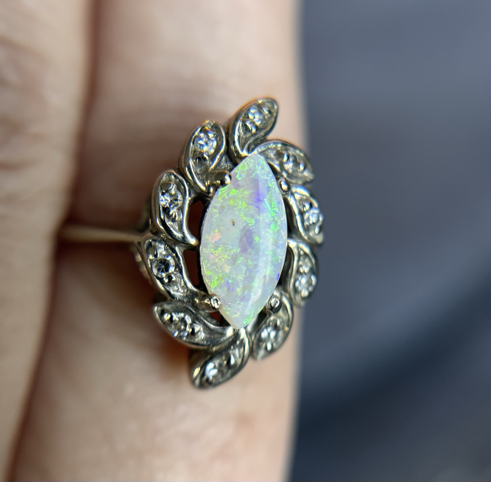 Vintage 14kt White Gold Marquis Opal Diamond Halo Ring