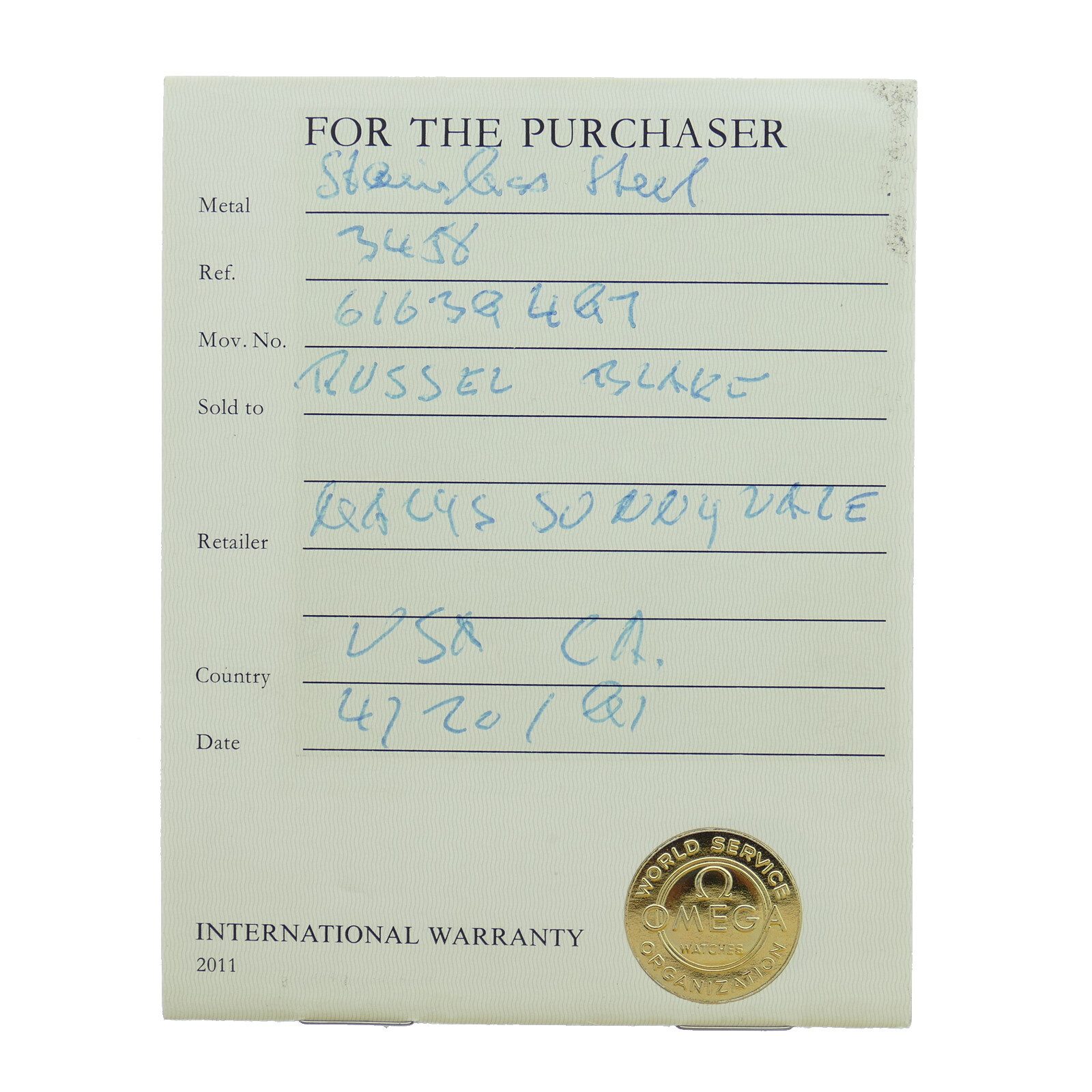 OMEGA FULL ONE YEAR INTL WARRANTY – FILLED OUT / LIST OF AGENTS IN THE WORLD