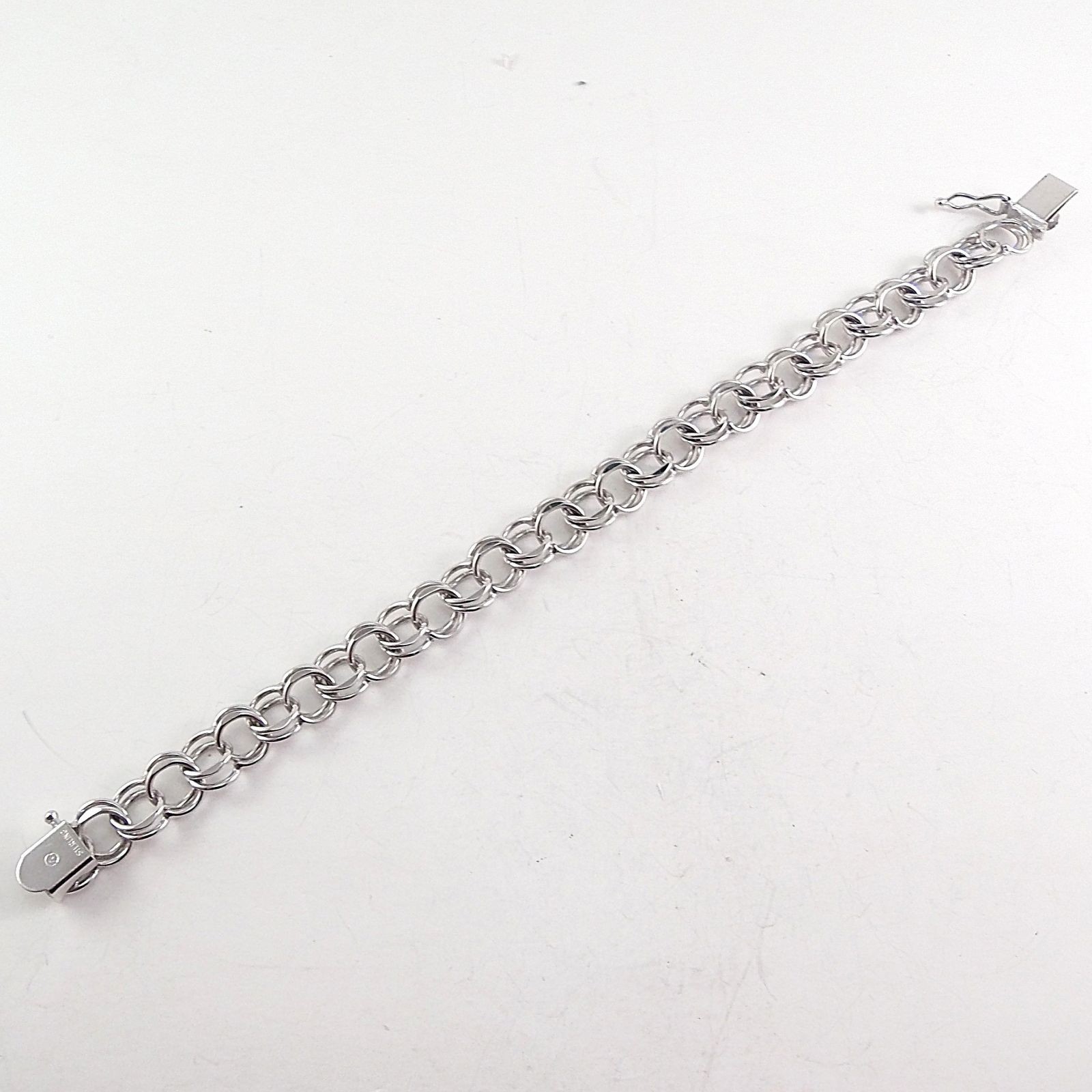 925 Sterling Silver Double Curb Link Charm Starter Bracelet 8.8 mm 7” 13.7 gram
