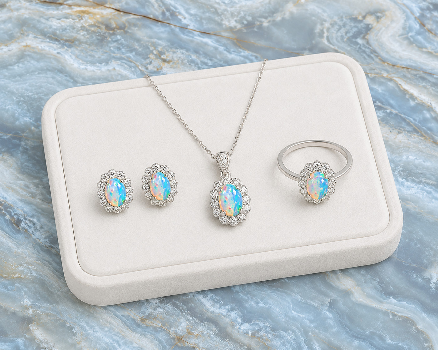 Natural 5x7mm Fire Opal Jewelry Set Ring Stud Earrings Pendant 925 Silver