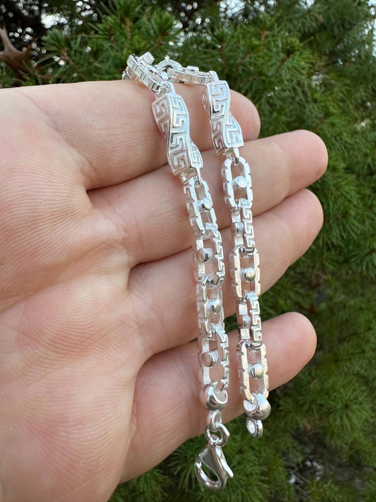 Real 7mm 925 Sterling Silver Custom Greek Key Hermes Rolo Link Chain Bracelet