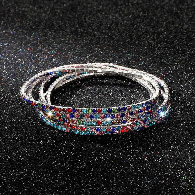 5 Pc Elastic Crystal Rhinestone Bracelet Women Gold Tone Round Chain Jewelry