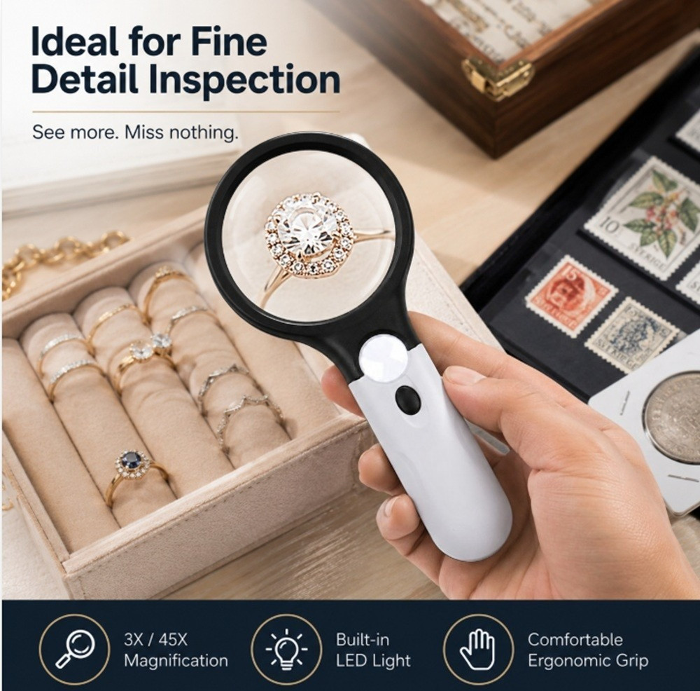 NEW 45X LED Jewelry Loupe Magnifier Handheld Reading Glass 3 Modes Portable