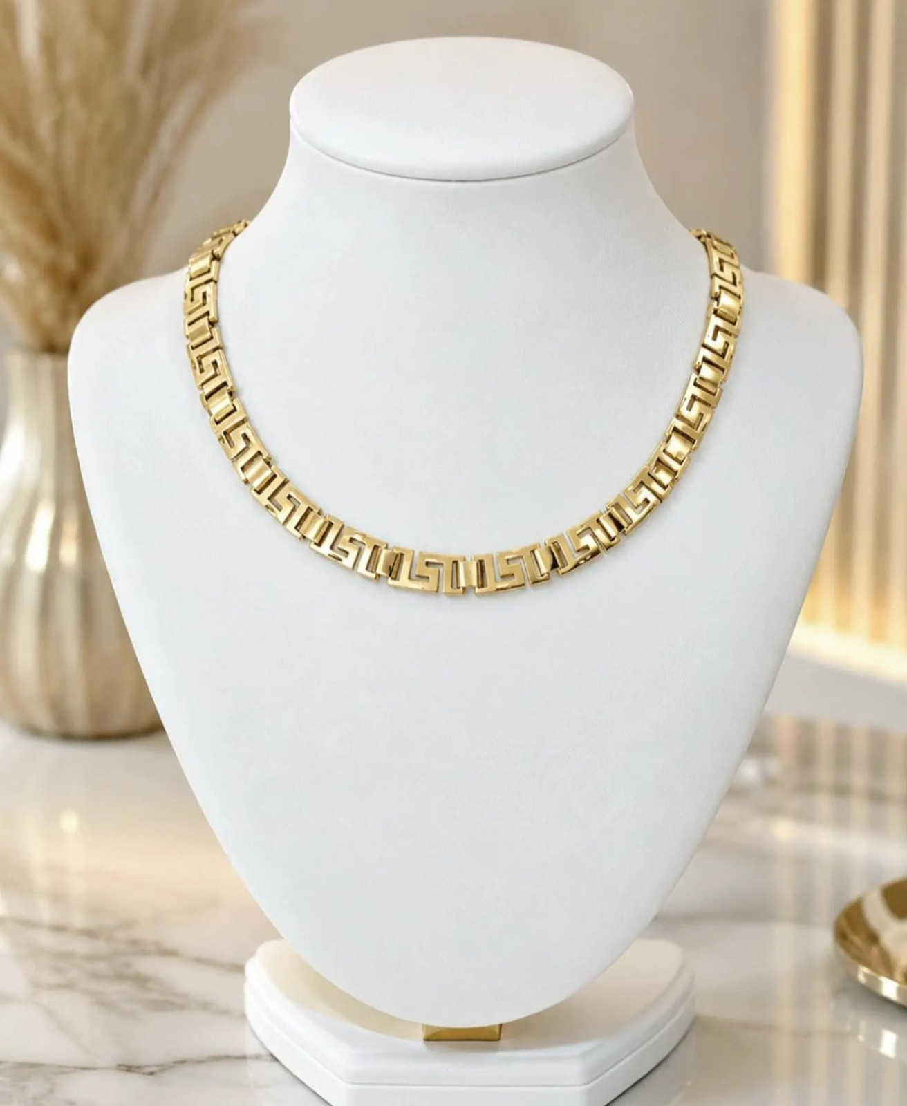 14k Gold Plated Greek Key Necklace, Diamond Cut Satin Finish Choker Unisex