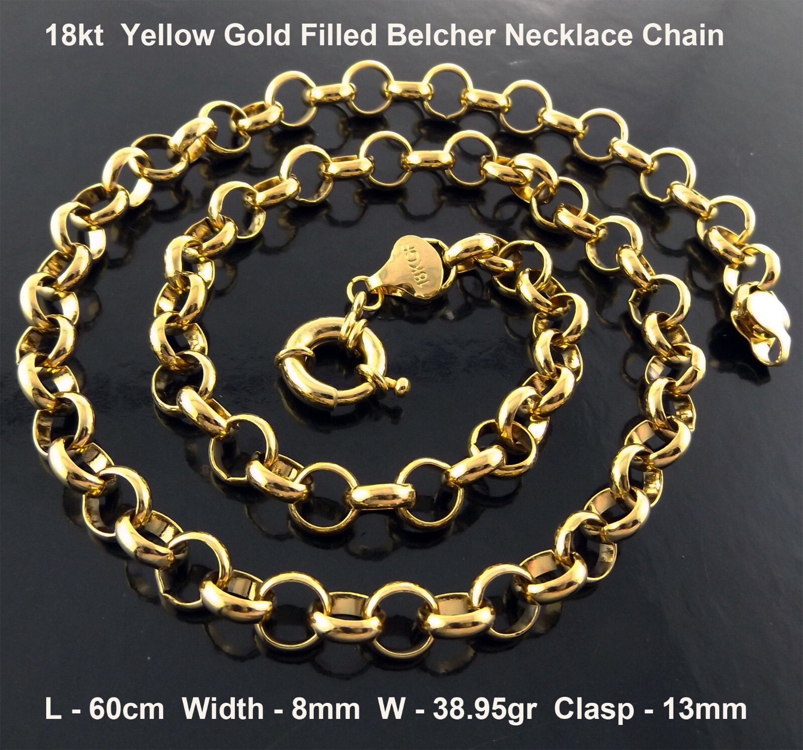 Necklace Real 18k Yellow Gold Filled Solid Belcher Rolo BoltRing Chain 60cm 24″