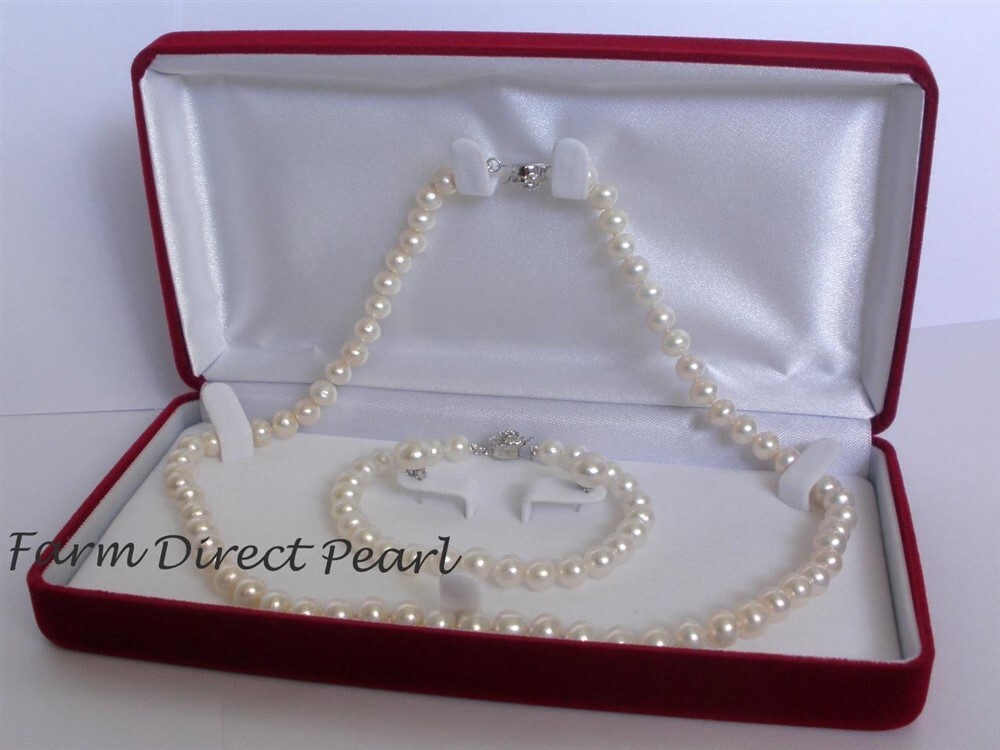 Cultured 7mm 8mm White Pearl Necklace Bracelet Earrings SET 18″ Inch Freshwater