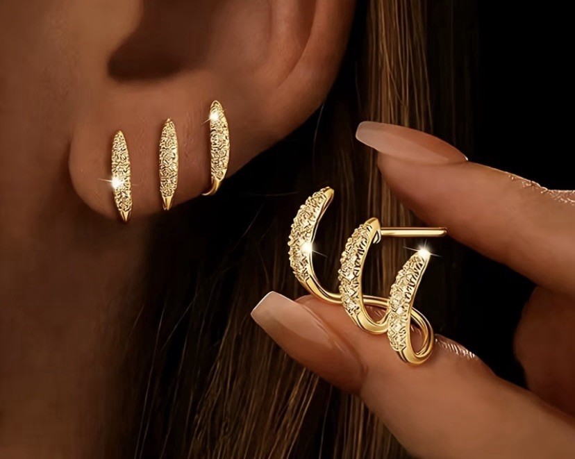 Gold Tone Crystal Hoop Earrings Rhinestone Triple Layer Fashion Earrings .