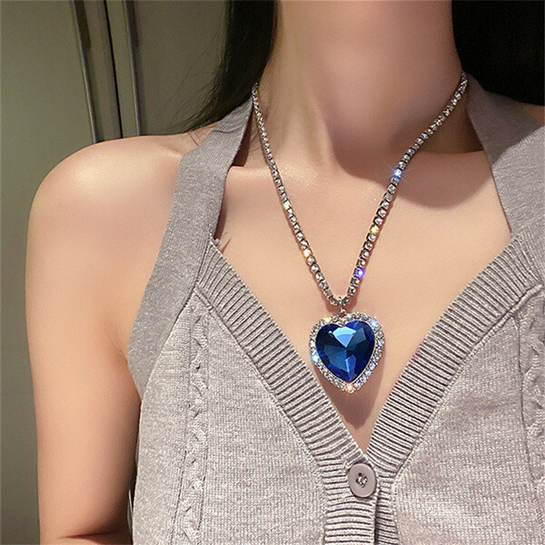 Huge Platinum White Gold Titanic Heart of the Ocean Blue Rhinestone Necklace