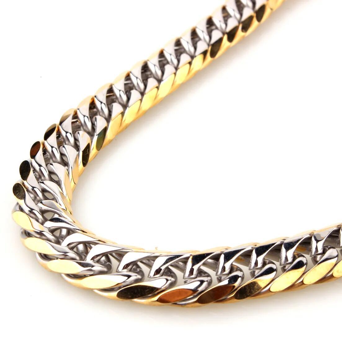 13mm Silver & Gold Tone Stainless Steel Cuban Link Chain Necklace for Men Women