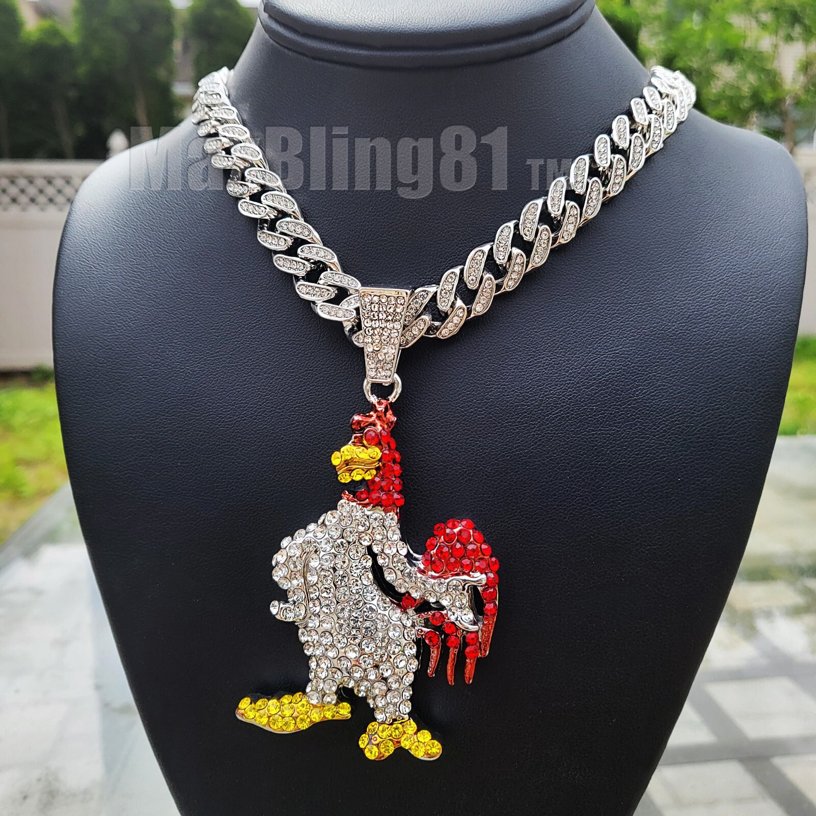 Large Silver Chicken Pendant 16″ 18″ 20″ 24″ Iced Cuban Box Lock Chain Necklace