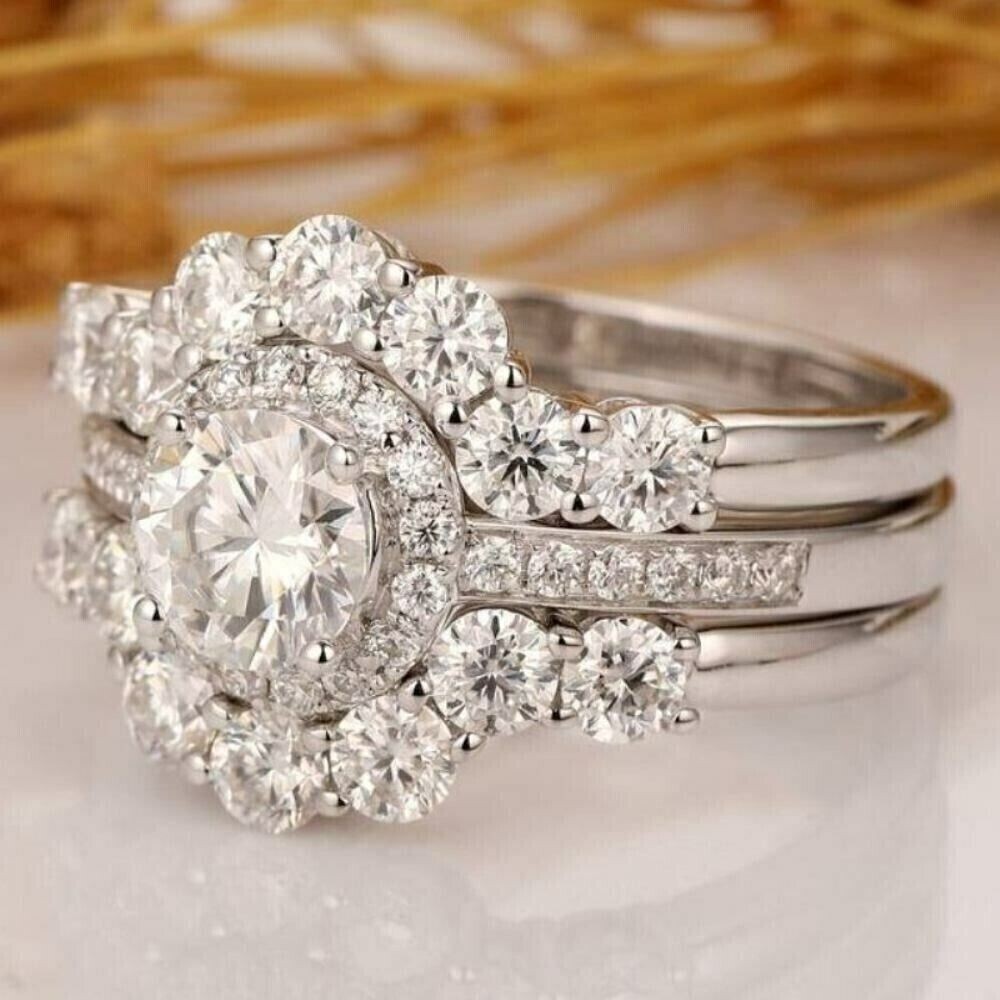 3 Ct Round Simulated Engagement Trio Bridal Ring Guard Set 14K White Gold Plated