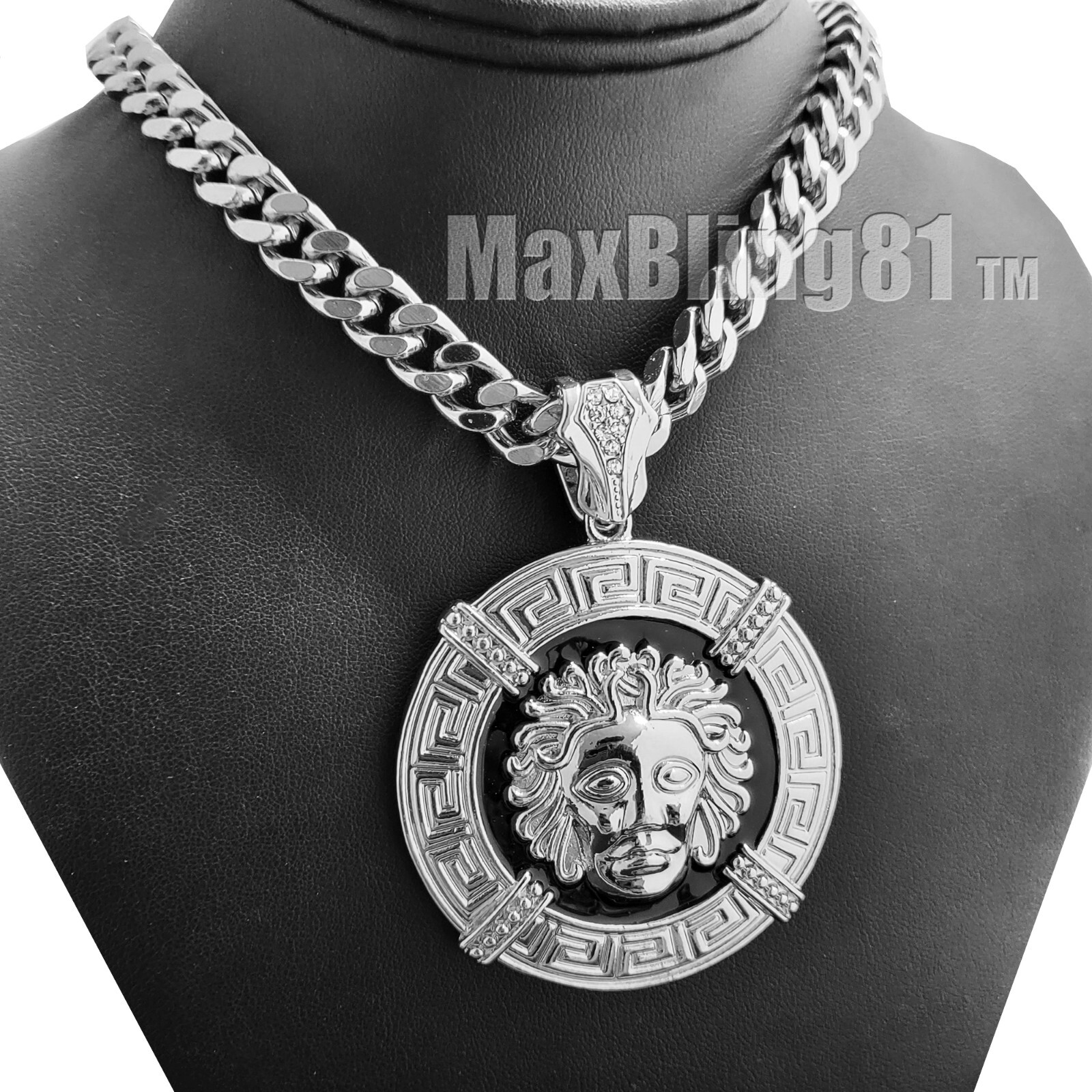 Silver Plated Alloy Cubic Zirconia Large Medusa & Pendant Cuban Chain Necklace