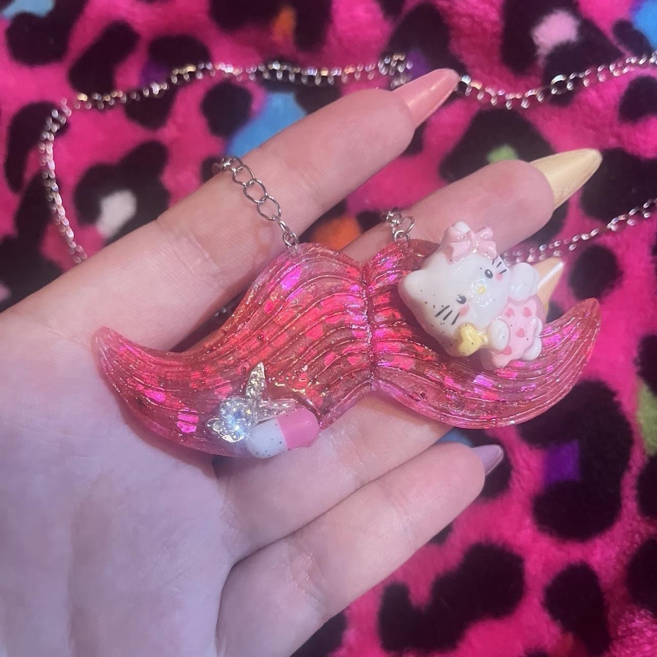 Pink glitter mustache charm pendant necklace handmade