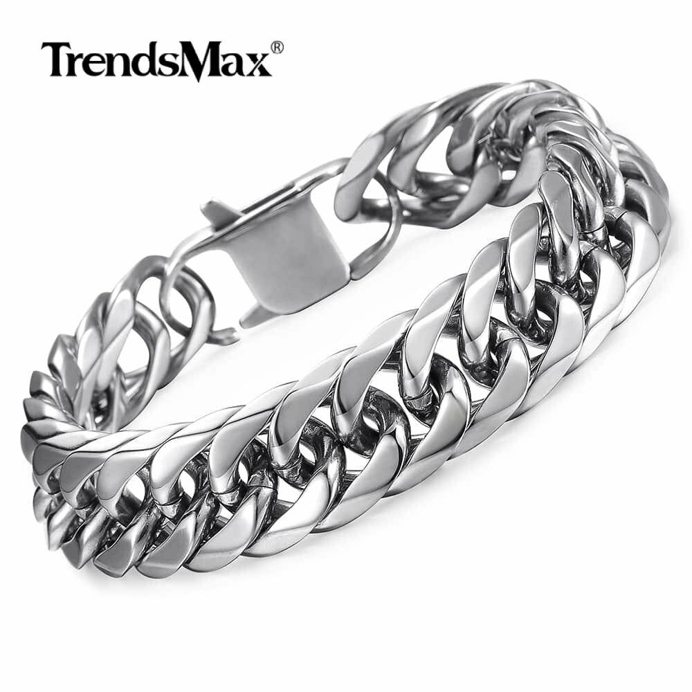 15mm 316L Stainless Steel Mens Chain Curb Cuban Link Bracelet Silver Gold Plated