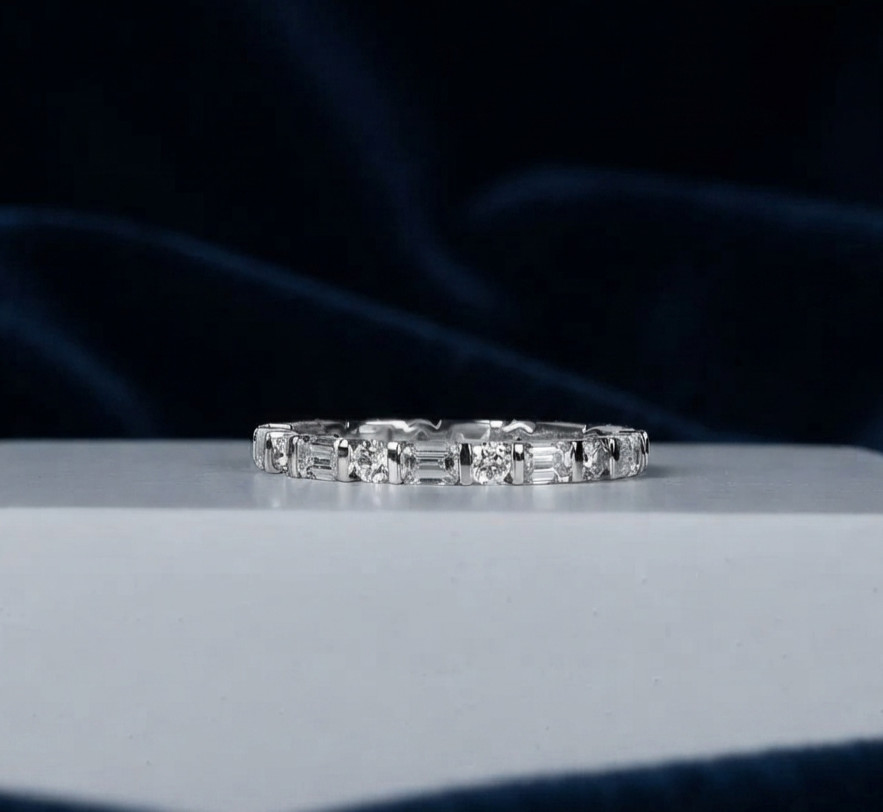 0.78 CT Baguette & Round Bar Set Moissanite Wedding Band 14K White Gold Plated