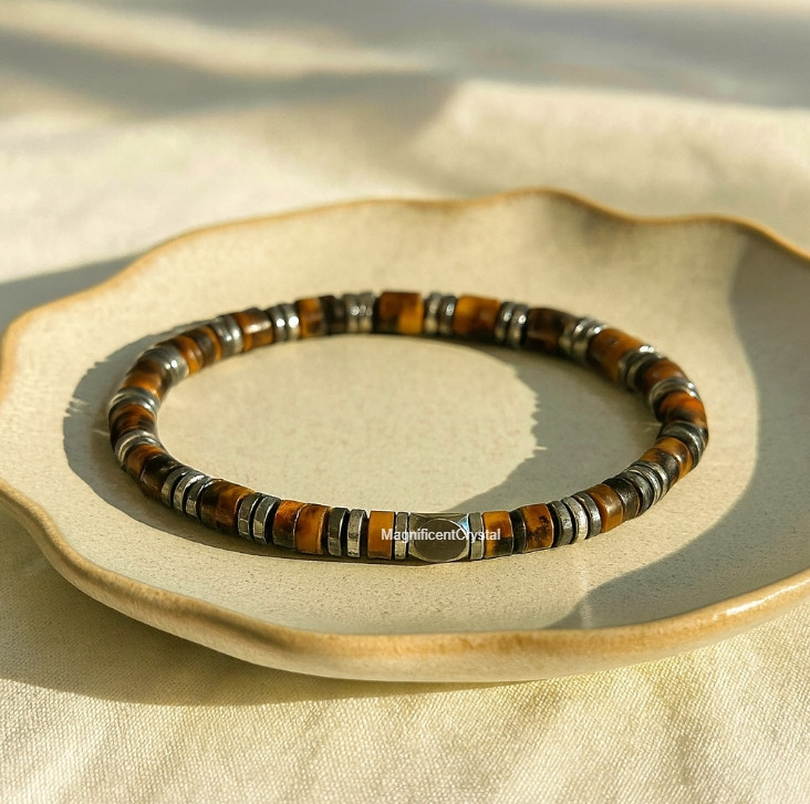 Men’s Tiger Eye Hematite Bracelet Healing Energy Jewelry Strength Grounding Gift