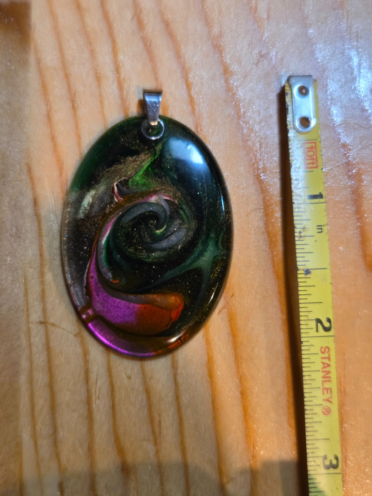 OOAK Handmade Resin Oval Pendant Green Black Multicolor Swirl Glitter N096