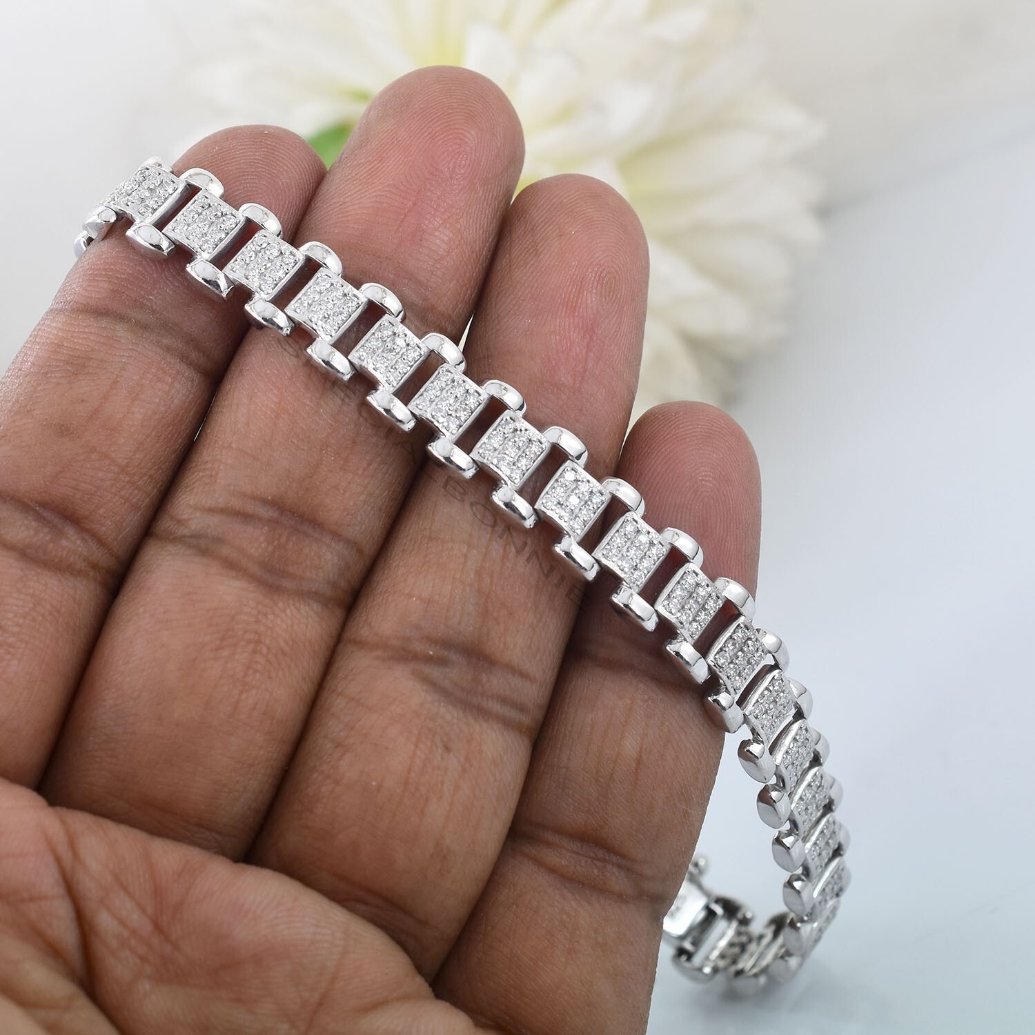 Certified 3Ct Diamonds Men’s Link Bracelet in 925 Silver, Great luster & Sparkle