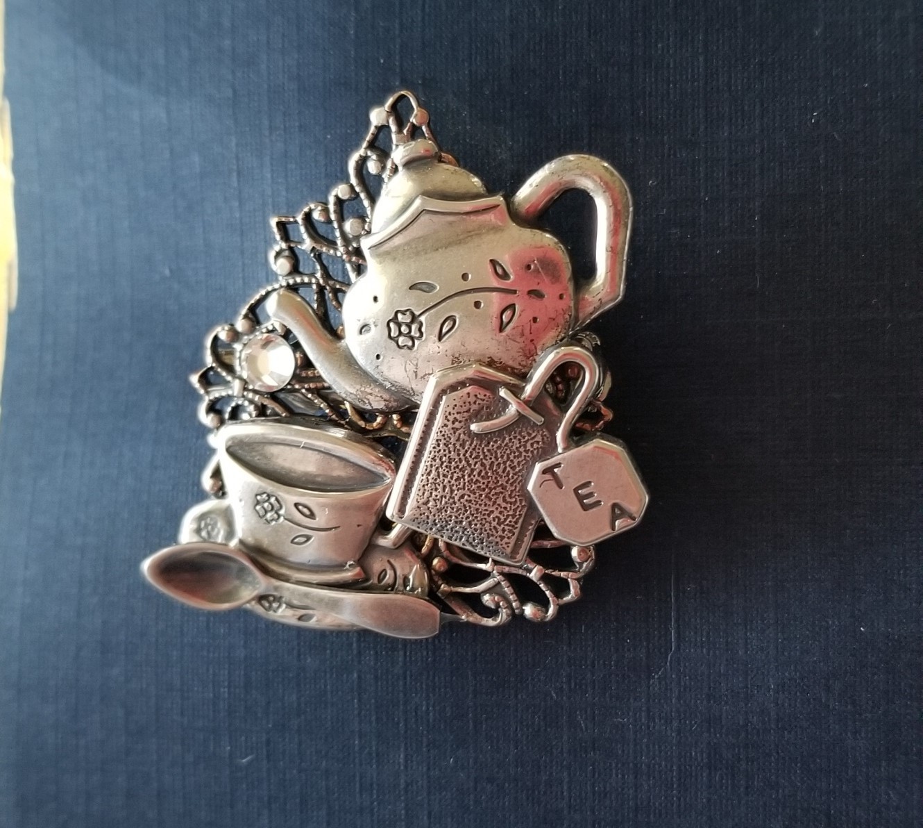 New ~ Kat’s Creations Sliver Plate & Rhinestone Tea Set Pin Brooch