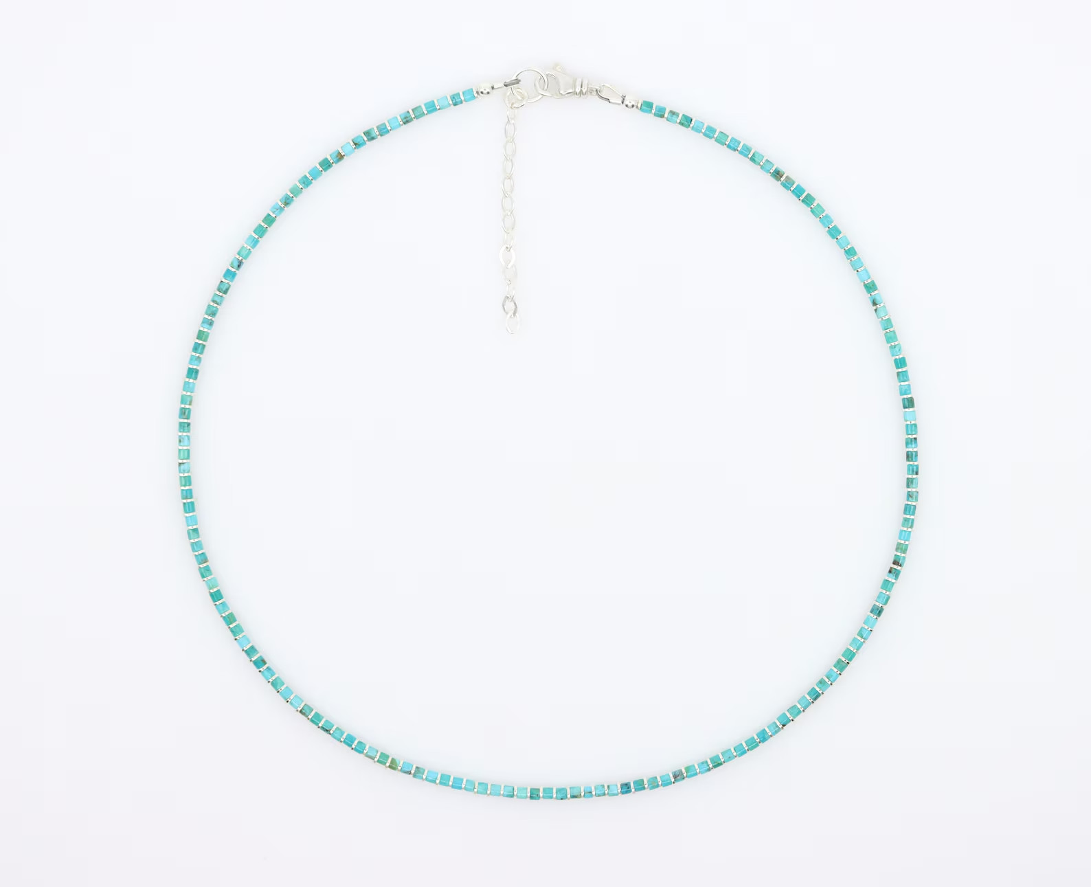 2mm Blue Turquoise Heishi Necklace & Silver Beads, Dainty Modern Contemporary