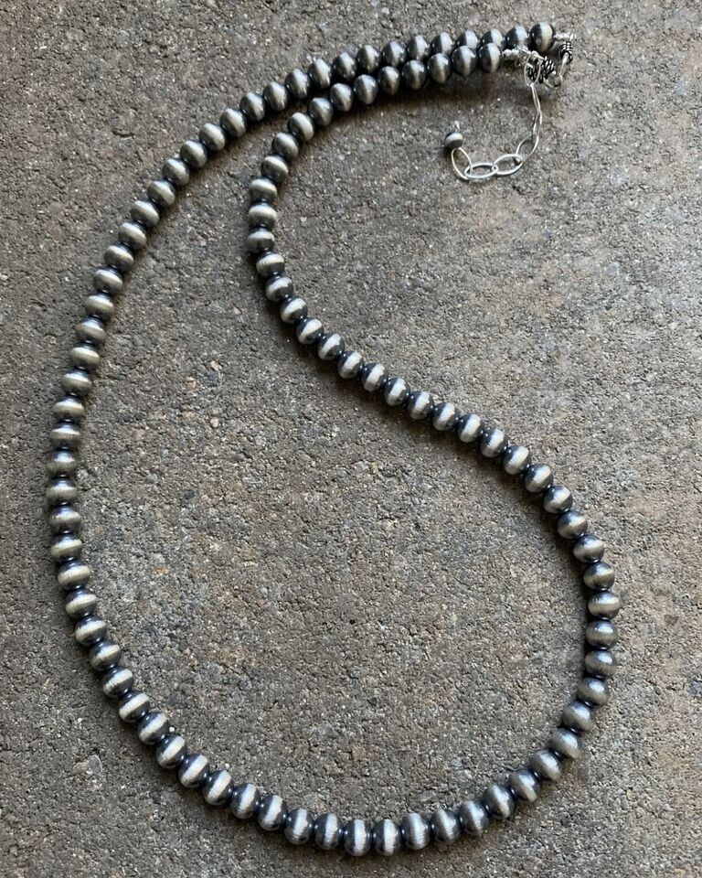 6mm 14 Inch 925 Sterling Silver Oxidized Pearls Bead Necklace Southwestern