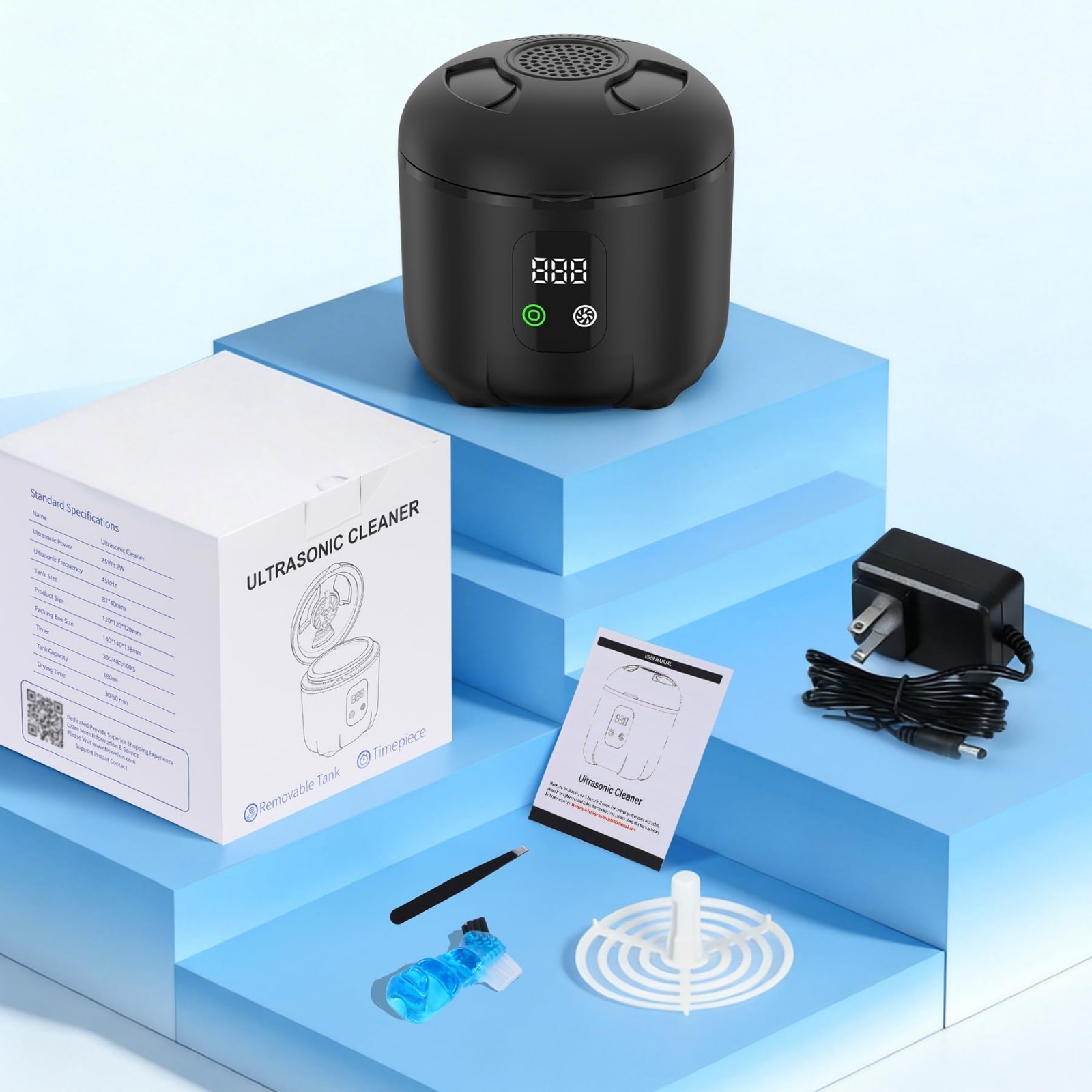 Portable Ultrasonic Cleaner 25W – Multi-Mode 45KHz for Dentures, Braces, Jewelry