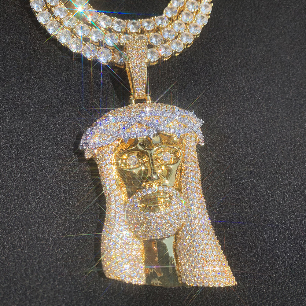 Hip Hop Jesus Face Pendant Necklace Full Zircon 18K Gold Plated Religion Jewelry
