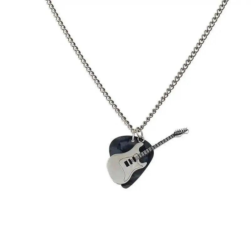 Hip Hop Guitar Pendant Necklace Titanium Steel Vintage Electric Guitar Sweater C