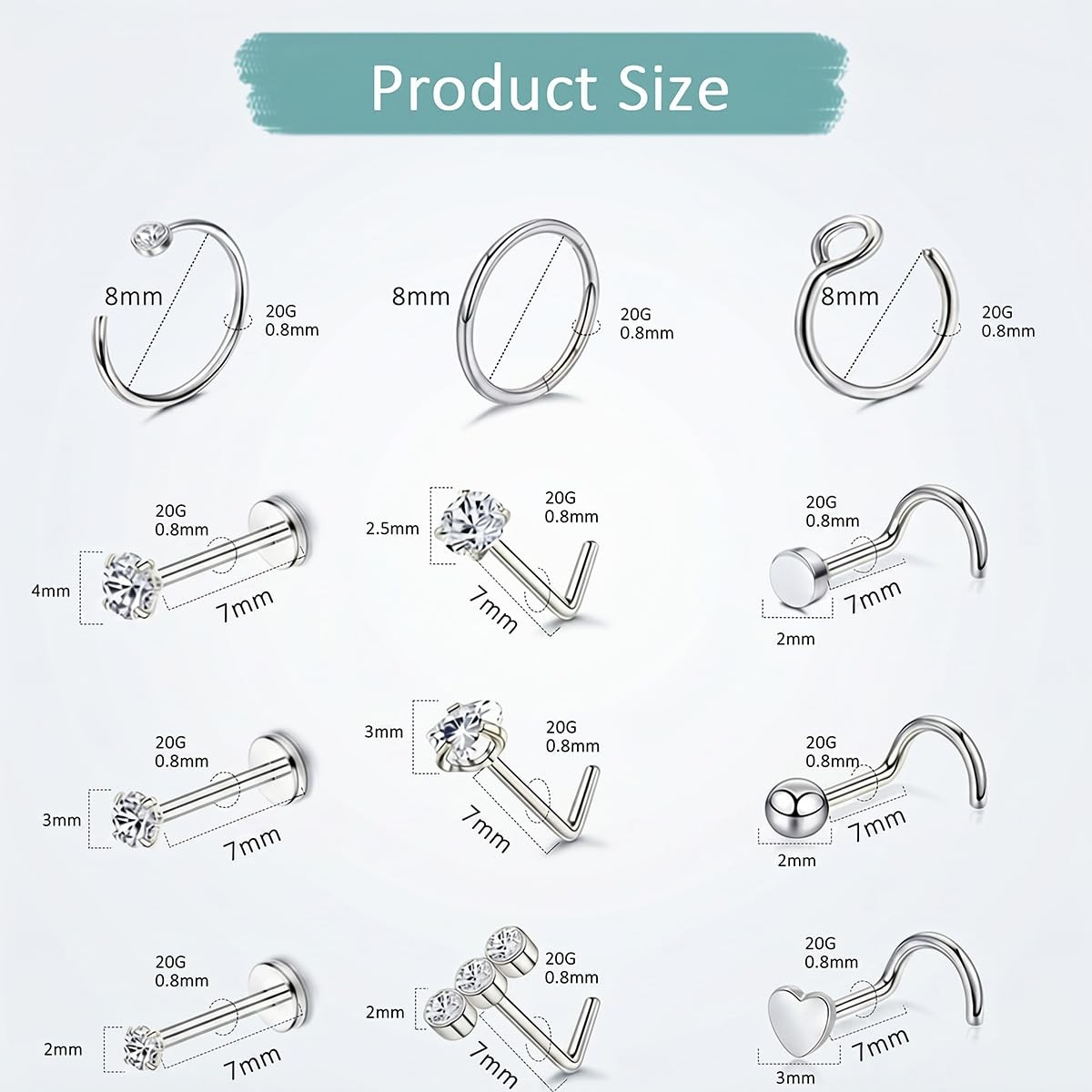 20G Nose Rings Hoop Set for Women, 12PCS 20G/7MM, 20G(0.8MM)-Sliver